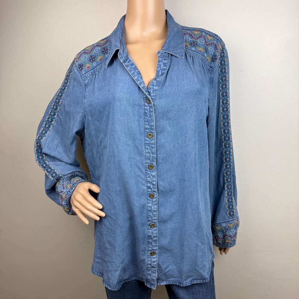 Alfred Dunner Embroidered Tencel Denim Button Front‎ Western Boho Top Women's L